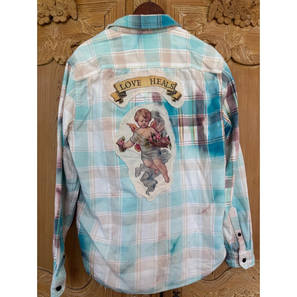 Upcycled Cherub Flannel Shirt‎ Medium Love Heals Cotton Soft Plaid - Picture 5 of 7
